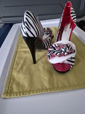 Bumper Zebra-Print Open-Toe Pumps with Hot Pink Accents